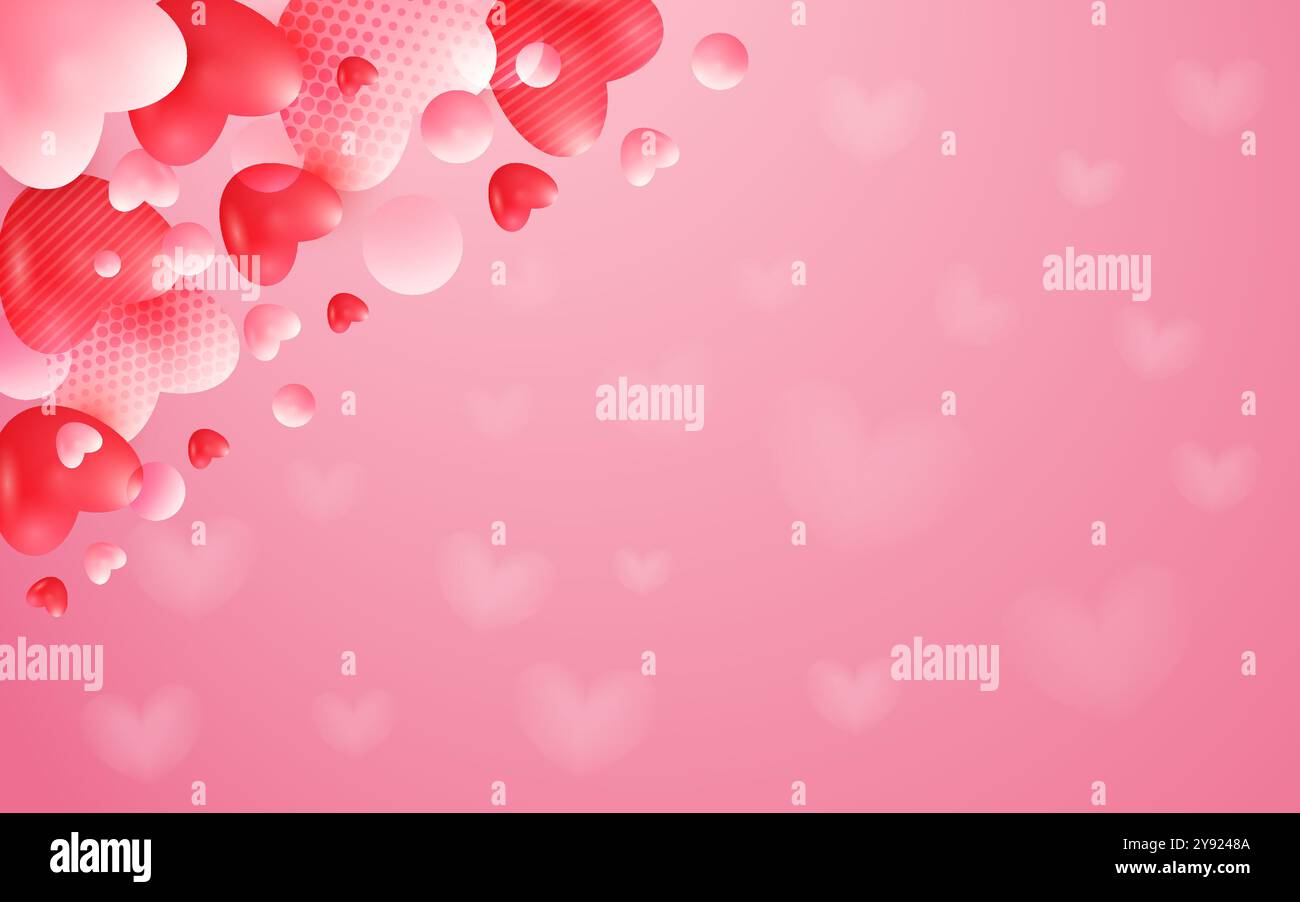 Banner, poster o sfondo per il buon San Valentino con cuori rossi e rosa in 3d. Illustrazione Vettoriale