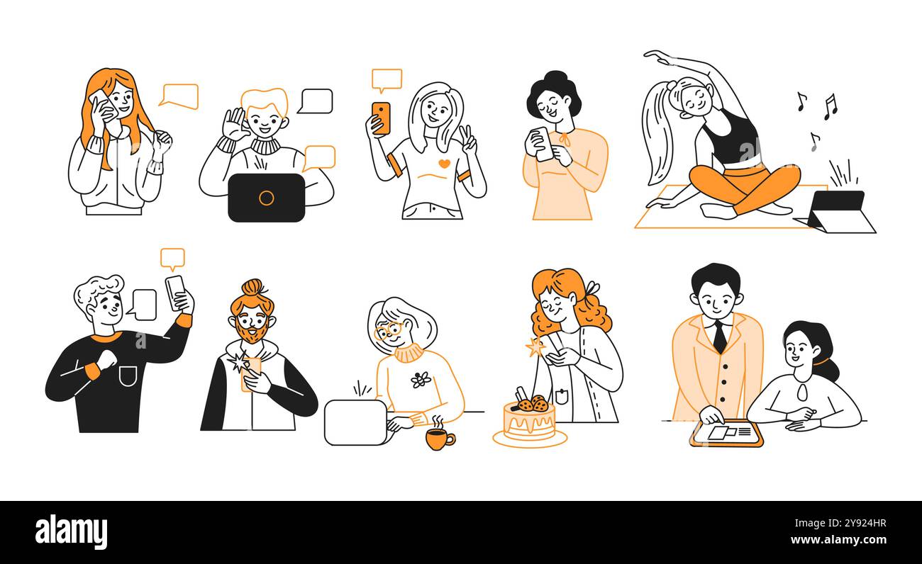 Persone che utilizzano laptop, telefoni e tablet, set di icone vettoriali Illustrazione Vettoriale