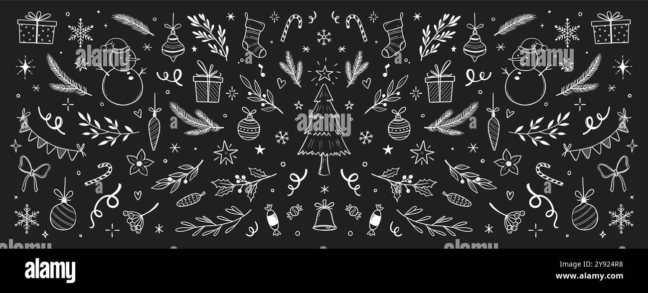 Decorazioni natalizie holly line, ramo di pino, sfondo con fiocco di neve. Bozzetto disegnato a mano holly floreale, foglie di albero di natale, pino invernale. Doodle decori natalizi. Illustrazione vettoriale Illustrazione Vettoriale