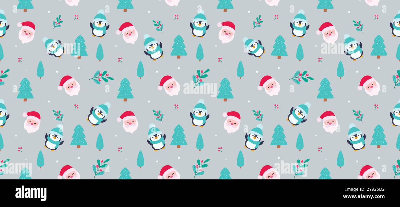 Design vettoriale natalizio con motivo senza cuciture. Babbo natale, pinguino, pinguino e bacca agrifoglio per un'infinita confezione regalo. Vettore Illustrazione Vettoriale