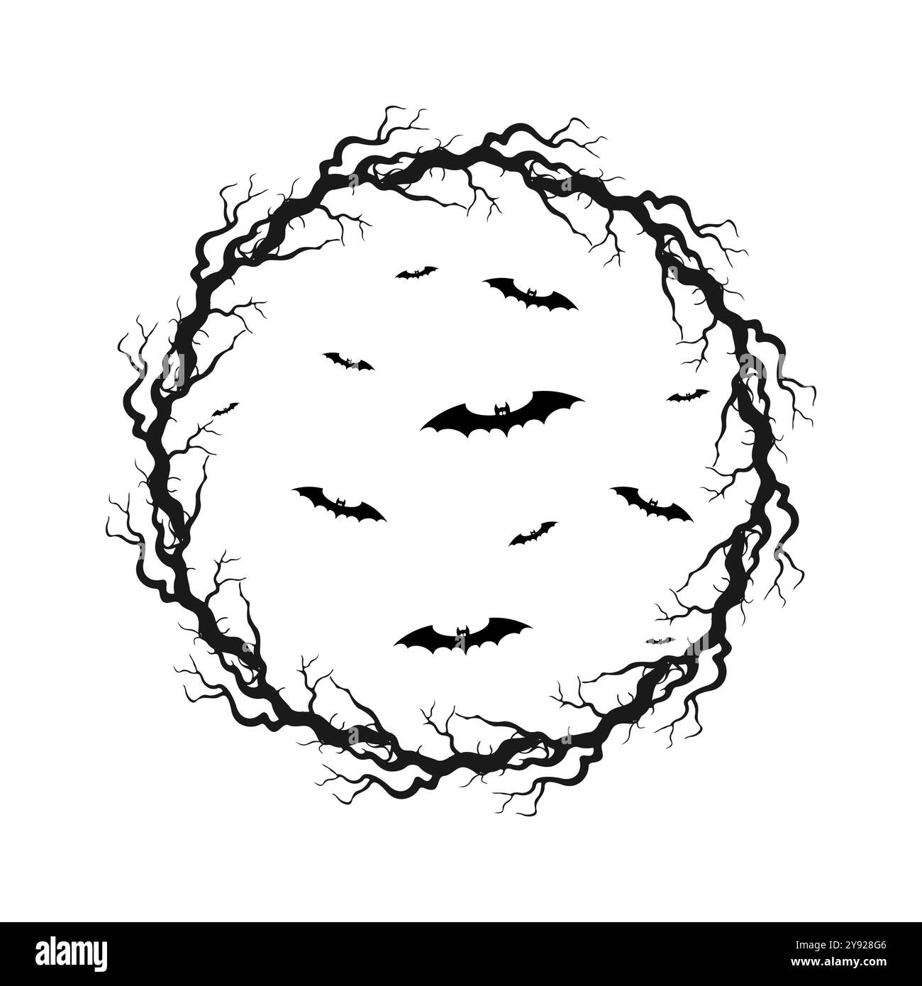 Cerchio di rami con pipistrelli al centro su uno sfondo bianco, elemento di design Halloween. Illustrazione vettoriale Illustrazione Vettoriale