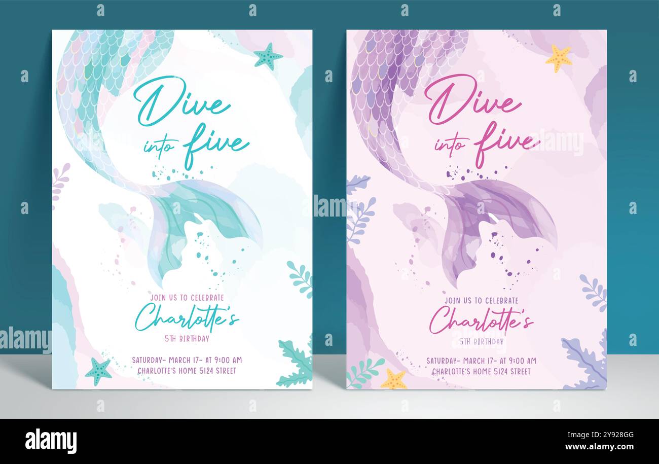 Design del modello vettoriale di invito alla sirena di compleanno. Biglietto d'invito per una ragazza di compleanno in un poster a tema subacqueo con coda di sirena di colore acqua Illustrazione Vettoriale