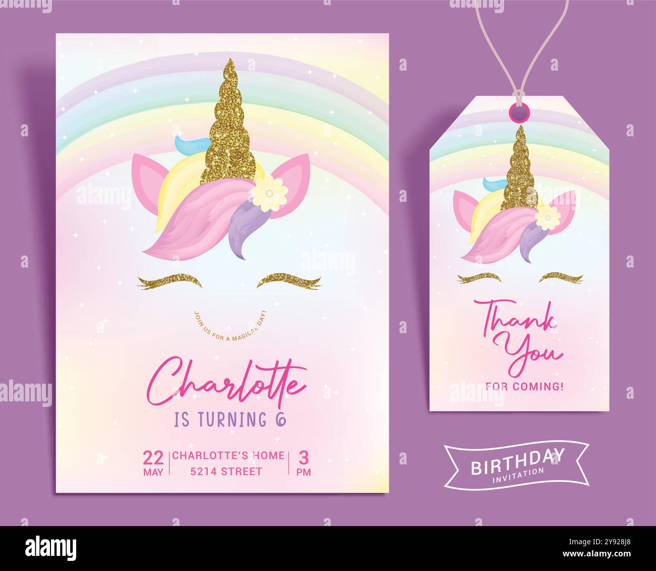 Modello vettoriale della carta d'invito della ragazza di compleanno. Biglietto d'invito per la festa di compleanno con simpatico unicorno e colorato tema arcobaleno per una giornata magica per i bambini Illustrazione Vettoriale