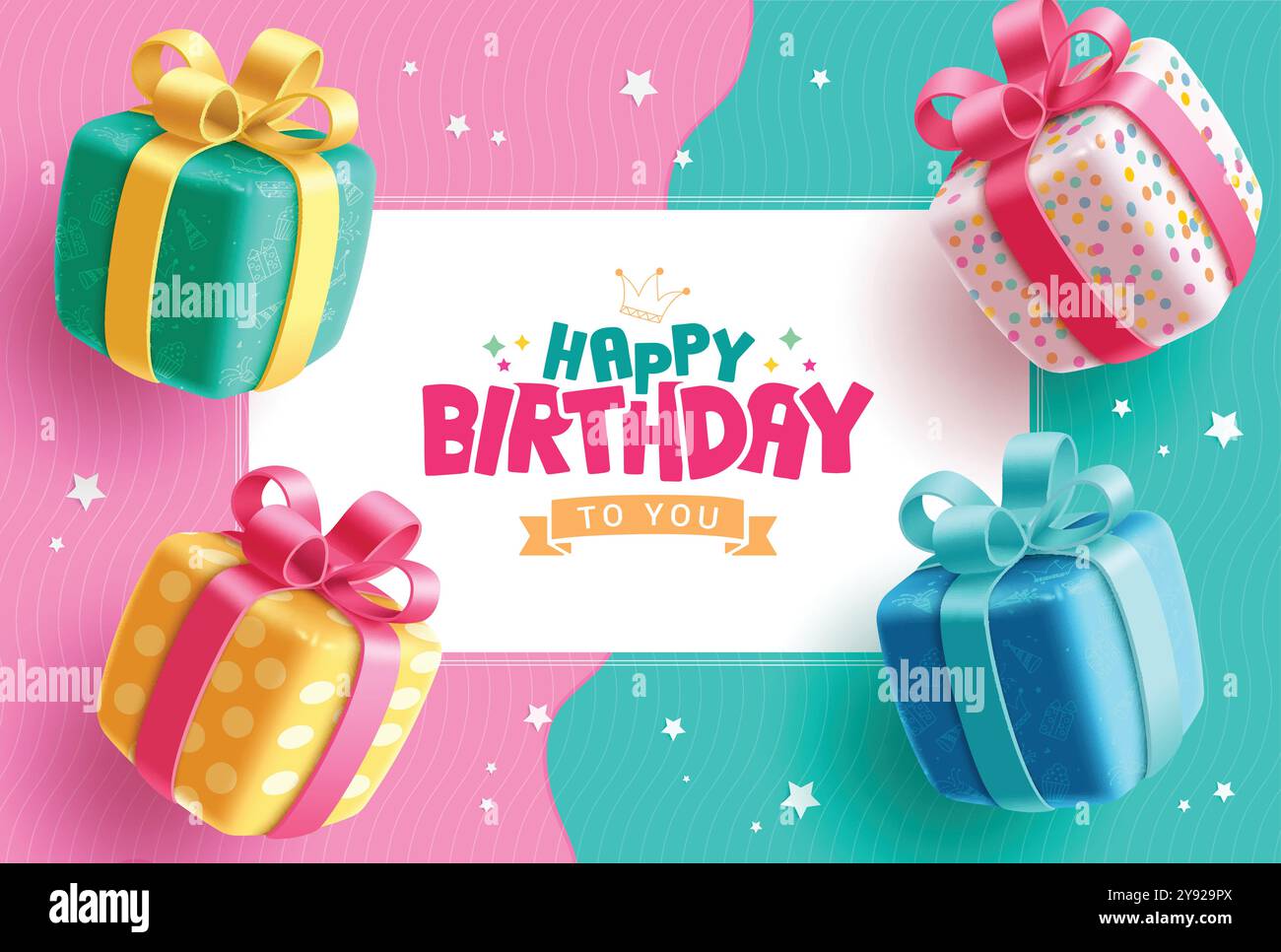 Auguri di buon compleanno, design vettoriale. Testo di auguri di compleanno con elementi colorati le confezioni regalo sorprendono in regalo su sfondo rosa e blu. Illustrazione Vettoriale