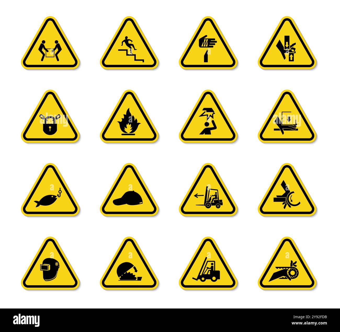 Una vivace collezione di cartelli segnaletici che rappresentano vari pericoli per la sicurezza, adatti per le linee guida sul luogo di lavoro, i materiali di formazione e il rendimento educativo Illustrazione Vettoriale