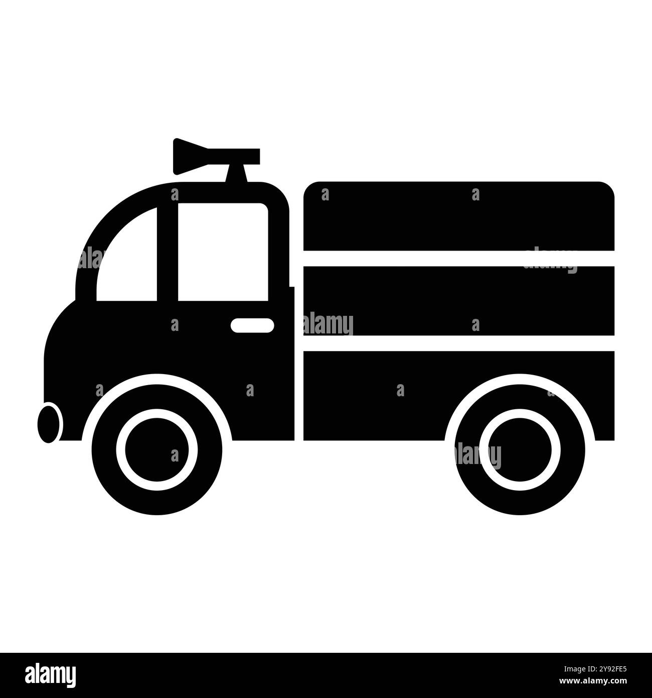 Icona minimalista in bianco e nero di un camion dei vigili del fuoco con forme di base e altoparlante, ideale per illustrazioni di emergenza e grafica desi Illustrazione Vettoriale