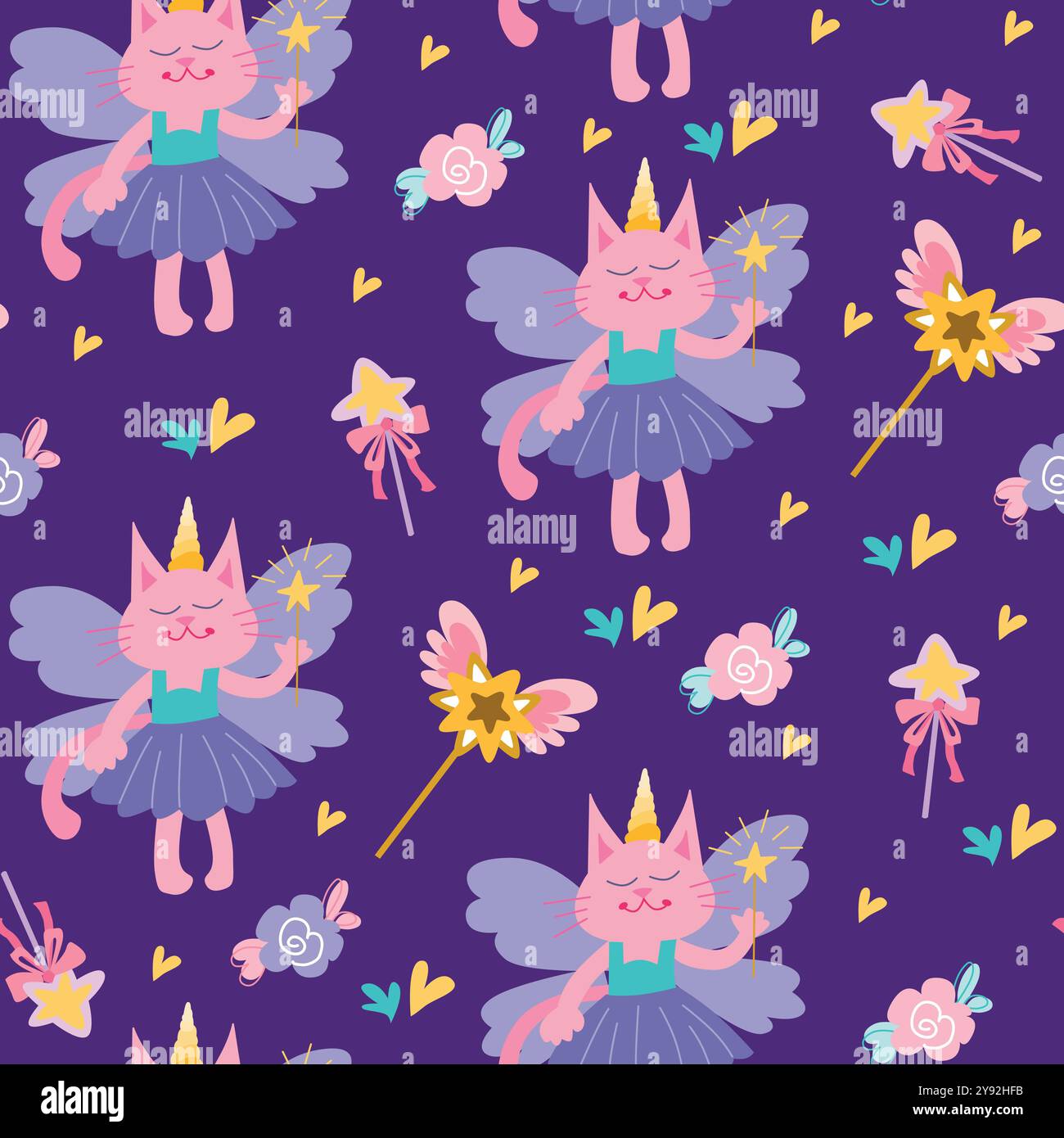 Motivo senza cuciture con simpatico gatto. Fiabe animali principessa con bacchetta magica. Design elegante. Elementi per bambini su sfondo blu scuro. Ornamento per Illustrazione Vettoriale