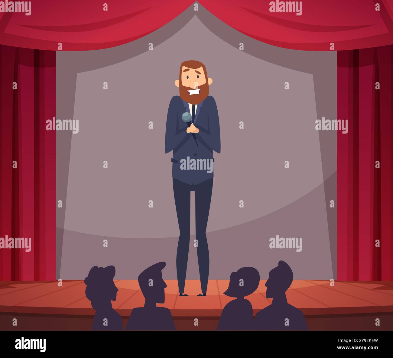 pubblico spaventato. speaker o comico in piedi sulla scena e spaventato il pubblico Illustrazione Vettoriale