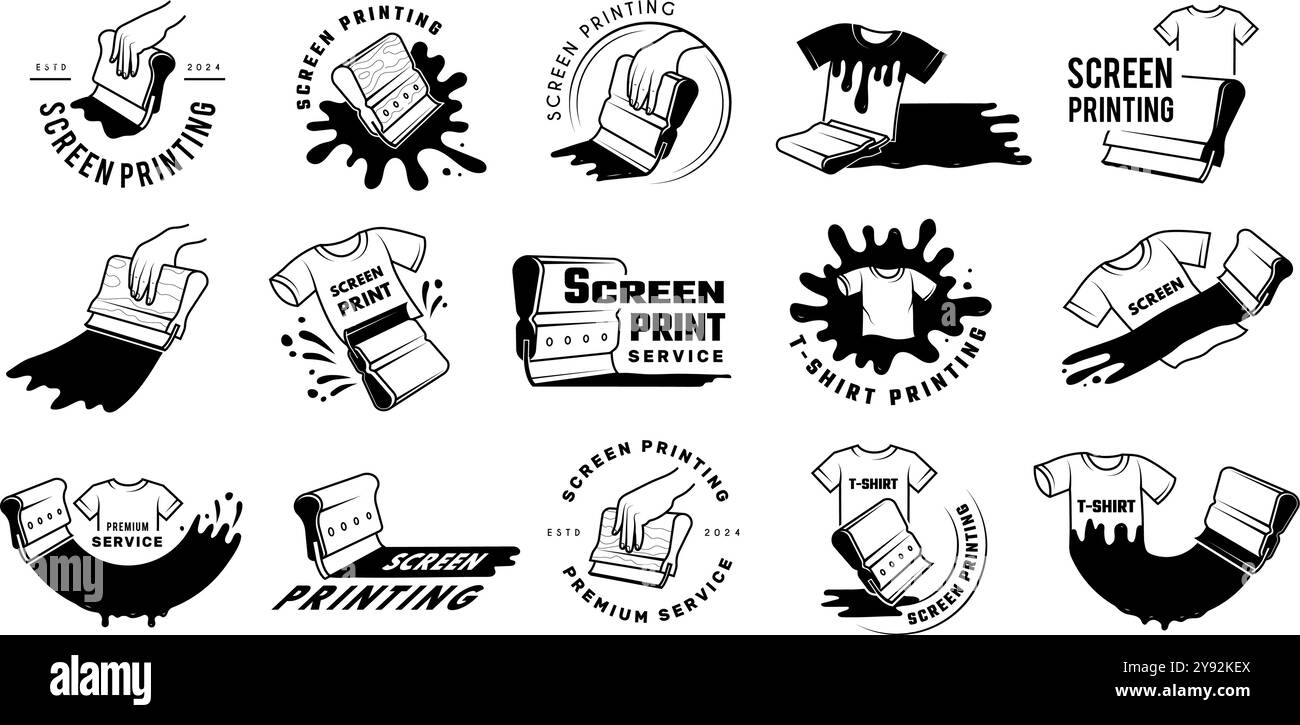 Stampa dello schermo. Gli elementi stilizzati per i lavavetri della casa di stampa serigrafica dipingono il recente set di badge vettoriali Illustrazione Vettoriale