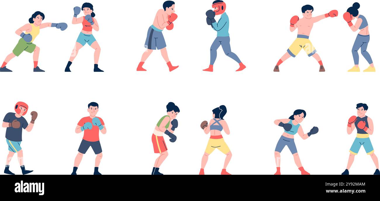 Caratteri di boxe. La gente indossa i guanti da boxer, gli atleti da combattimento. Allenamento da sparring, wrestling, allenamento da pugile con sportler, recente set vettoriale Illustrazione Vettoriale