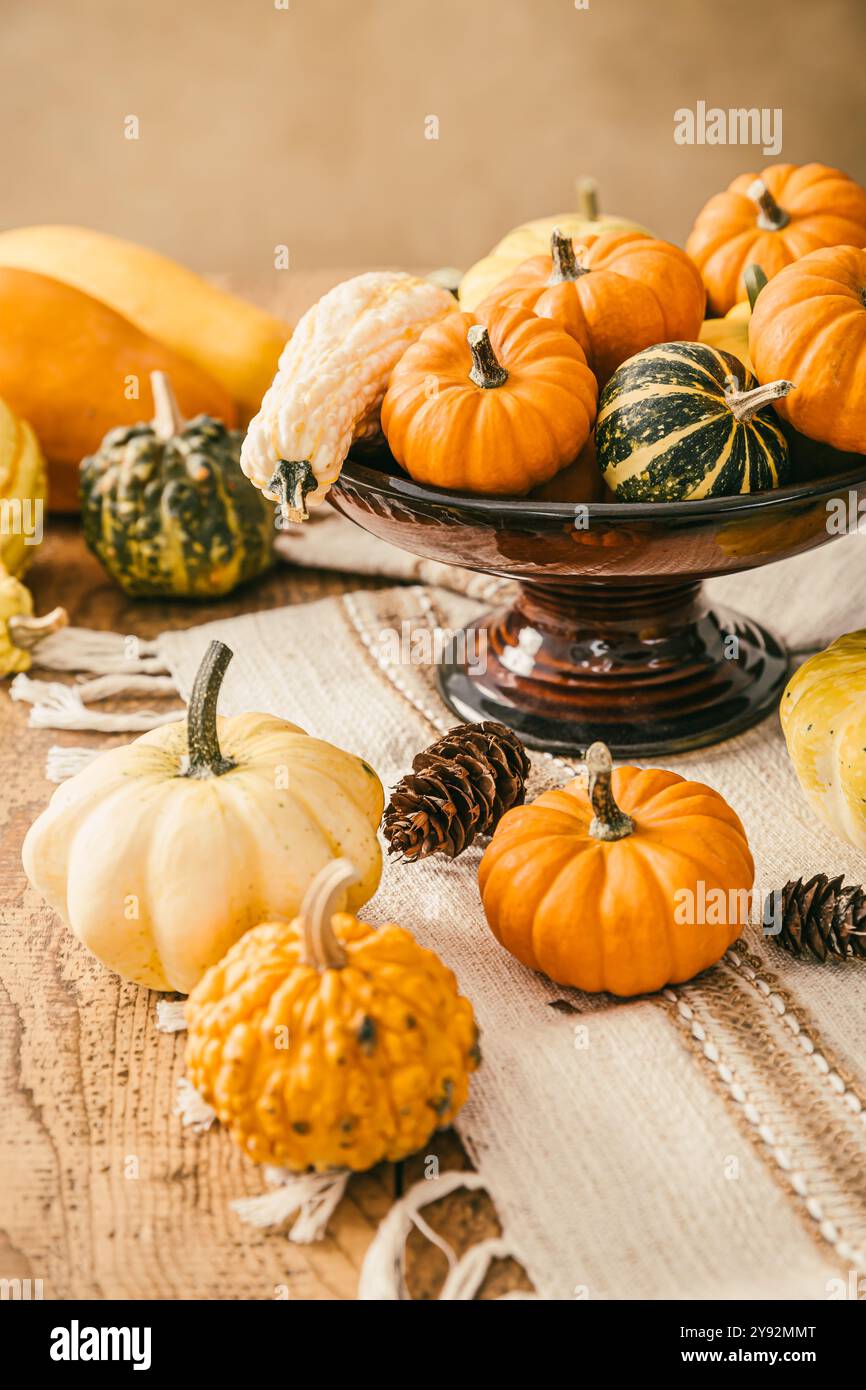 Natura morta con zucche assortite sul tavolo della cucina per il Ringraziamento e Halloween Foto Stock