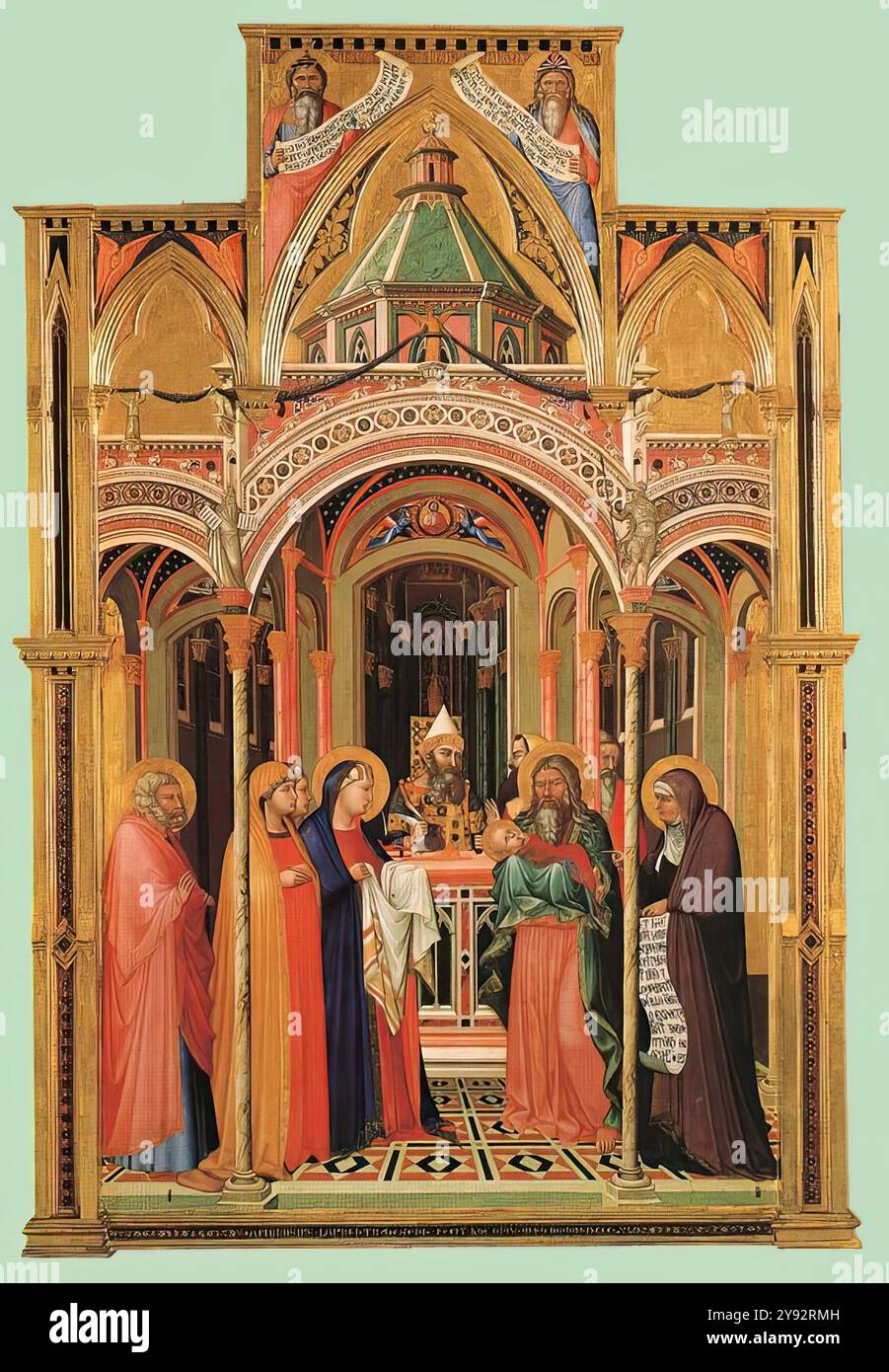 LORENZETTI, Ambrogio (nato ca. 1290, Siena, d. 1348, Siena) la presentazione nel Tempio 1342 Tavola, 257 x 168 cm Galleria degli Uffizi, Firenze la tavola firmata e datata fu portata, nel 1822, dallo Spedaletto di Monna Agnese a Siena alla Galleria dell'Accademia di Firenze e da lì agli Uffizi nel 1913. --- parole chiave: --------------- Autore: LORENZETTI, Ambrogio titolo: La presentazione al Tempio linea temporale: 1301-1350 Scuola: Forma italiana: Pittura tipo: Religioso Foto Stock