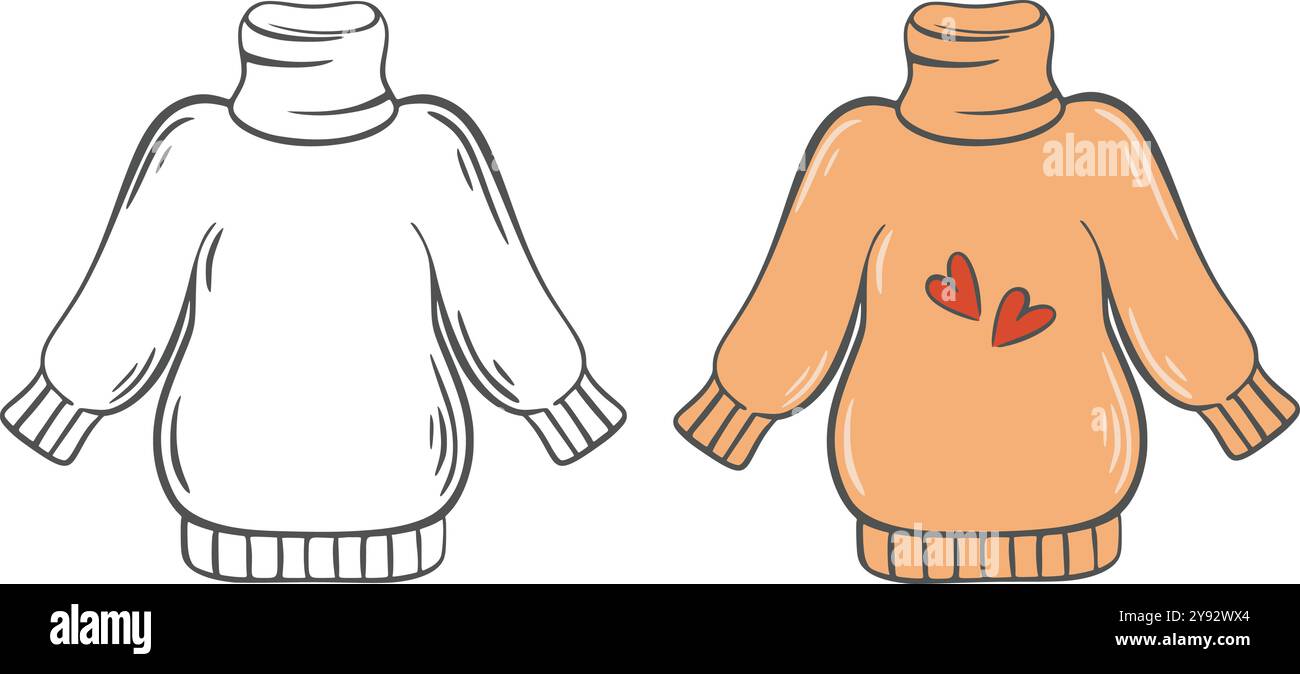 Maglione con contorno nero e versione a colori. Calda giacca in maglia con collo alto. Confortevole capo guardaroba, Vector, autunno e inverno Illustrazione Vettoriale