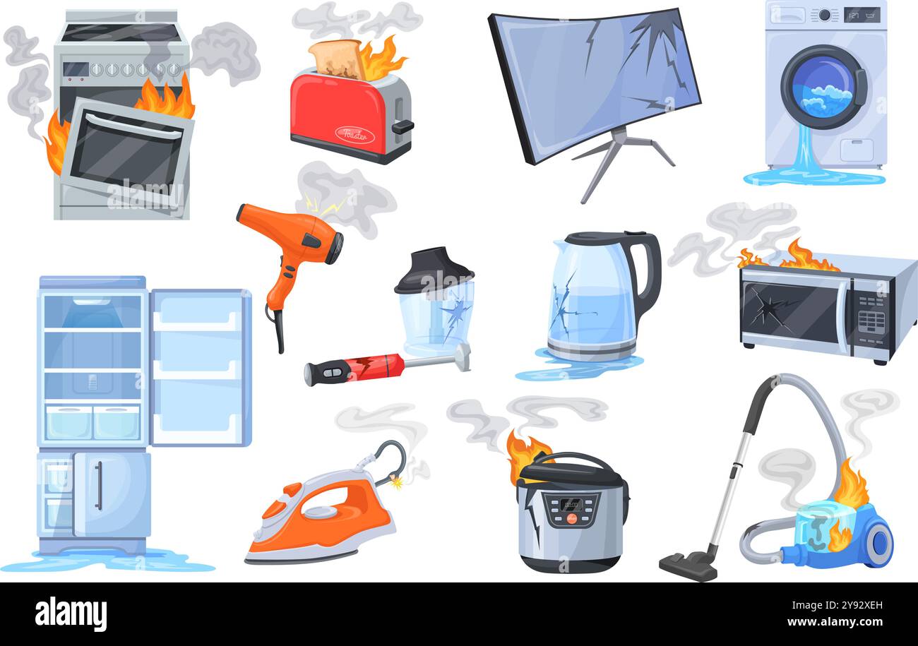 Elettrodomestici rotti. Danni agli elettrodomestici, incendio bruciato, problema di riparazione dei dispositivi domestici elettrici, macchina per la cucina, frigorifero, televisione, illustrazione vettoriale ordinata, grafica originale Illustrazione Vettoriale