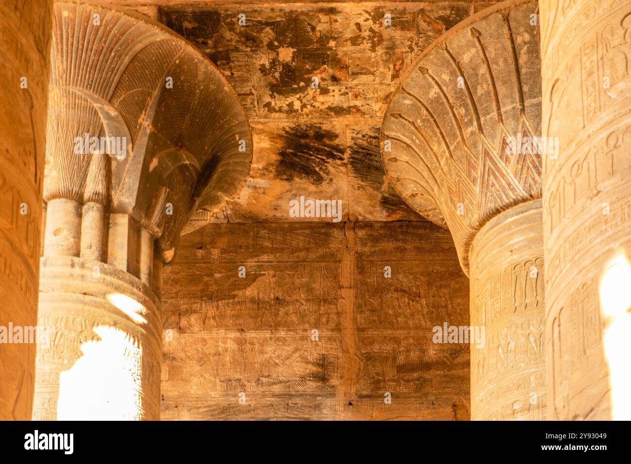 Raggiungendo i cieli del tempio di Edfu, queste colonne celesti collegano il regno terreno con il divino. Testimonianza dell'abilità dell'antico. Foto Stock