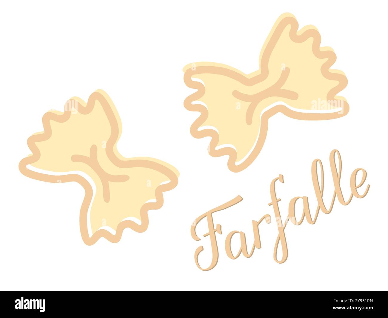 Illustrazione vettoriale di due forme di pasta farfalle, disegnate con linee pulite su sfondo bianco. Lettere a mano Farfalle. Perfetto per un soggiorno a tema culinario Illustrazione Vettoriale