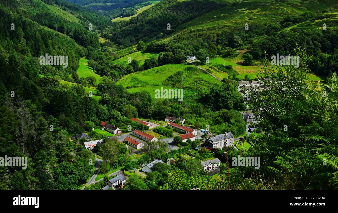 Vista del villaggio di Ceinws dall'alto che mostra gli edifici nel bosco della valle e nella foresta vicino a Machynlleth Powys Galles Regno Unito Foto Stock