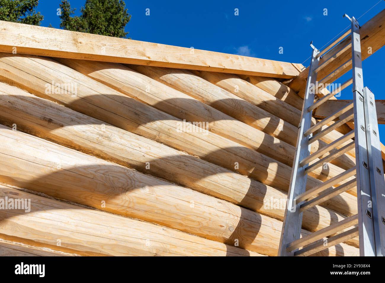 La casa rurale in legno è in costruzione. Una scala e un muro fatti di tronchi di pino naturale non colorati sono sotto il cielo blu Foto Stock