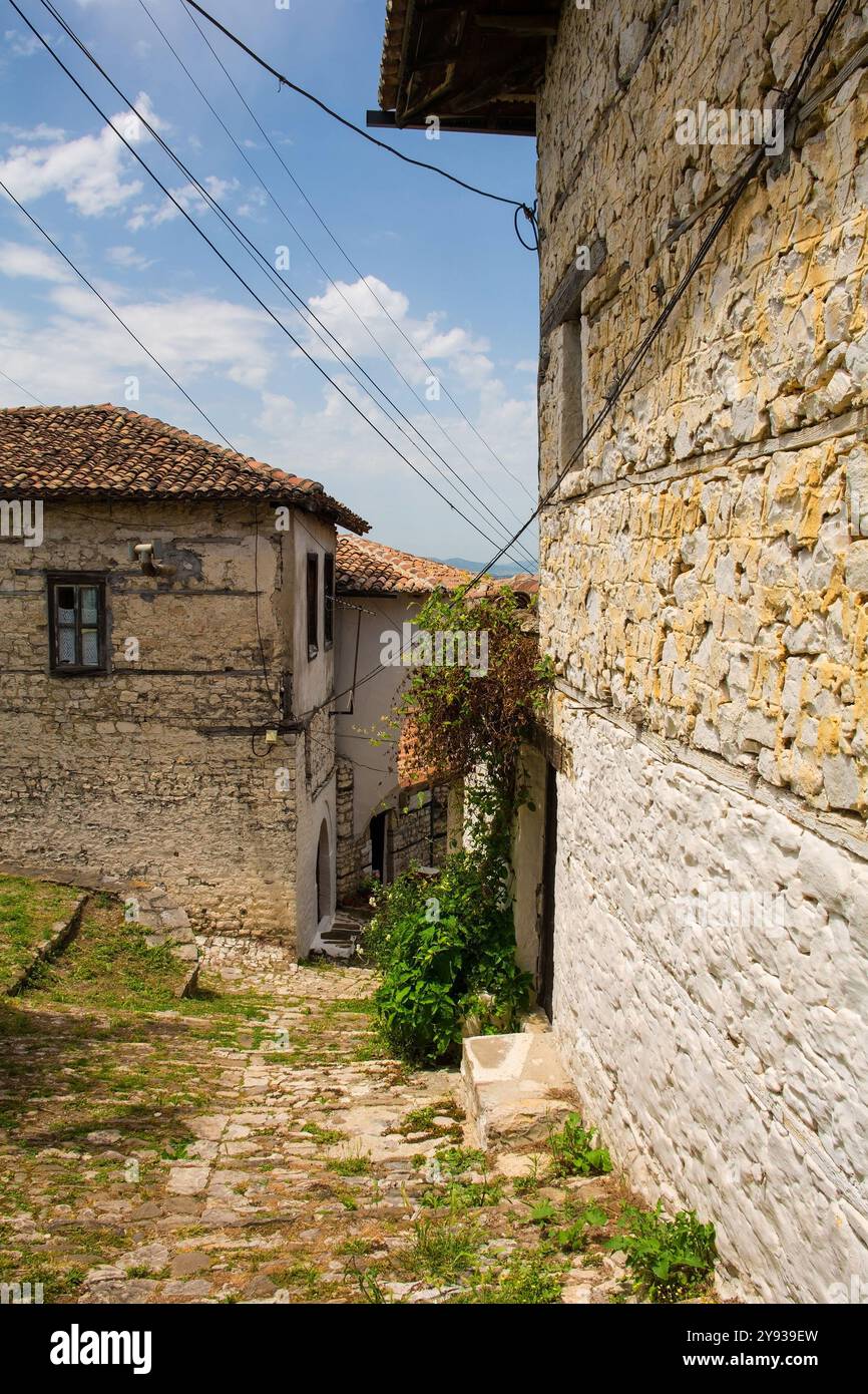 Uno stretto vicolo acciottolato nello storico quartiere residenziale del quartiere del castello, Kalaja, di Berat nel sud dell'Albania. Case tradizionali in pietra Foto Stock