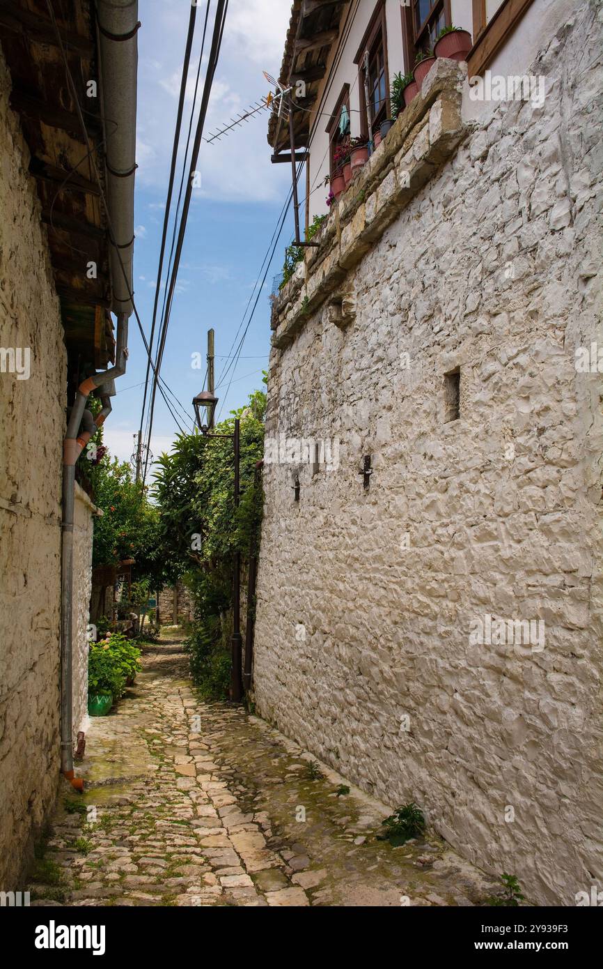 Uno stretto vicolo acciottolato nello storico quartiere residenziale del quartiere del castello, Kalaja, di Berat nel sud dell'Albania. Case tradizionali in pietra Foto Stock