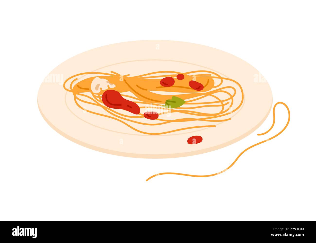 Mangiare spaghetti con salsa di pomodoro, basilico e funghi da illustrazione vettoriale del piatto Illustrazione Vettoriale