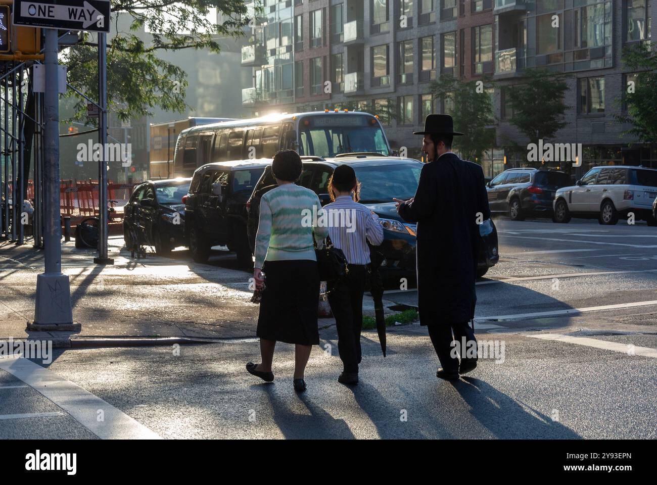 New York City, New York, Wide Angle View, Street Scene, Hassidic Jewish Family Walking Away, Crossing, from Behind, nella storica Brooklyn Foto Stock