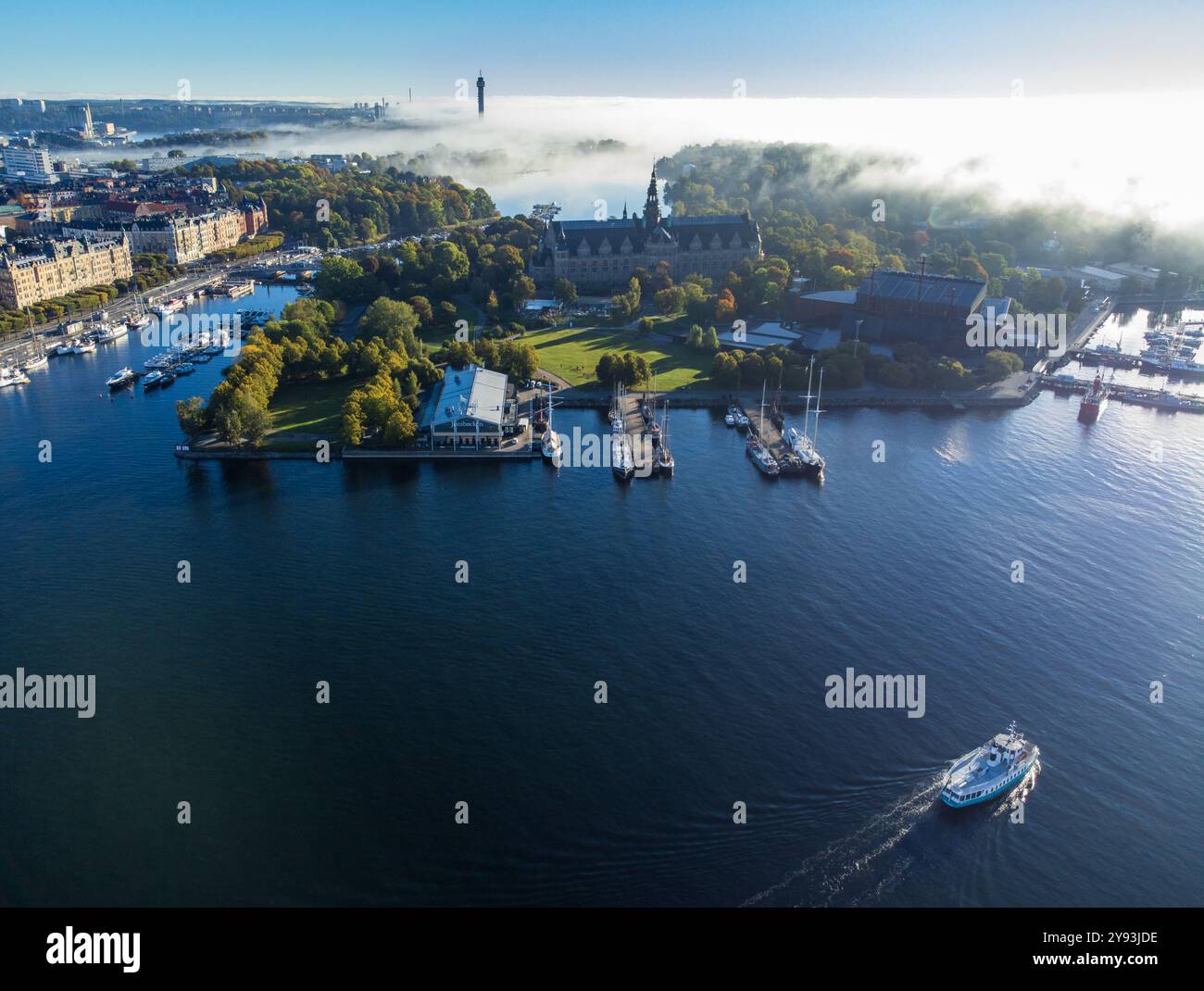 Veduta aerea ad angolo alto delle isole Skeppsholmen e Djurgarden a Stoccolma, Svezia, con la nebbia mattutina che si sposta sull'acqua calma Foto Stock