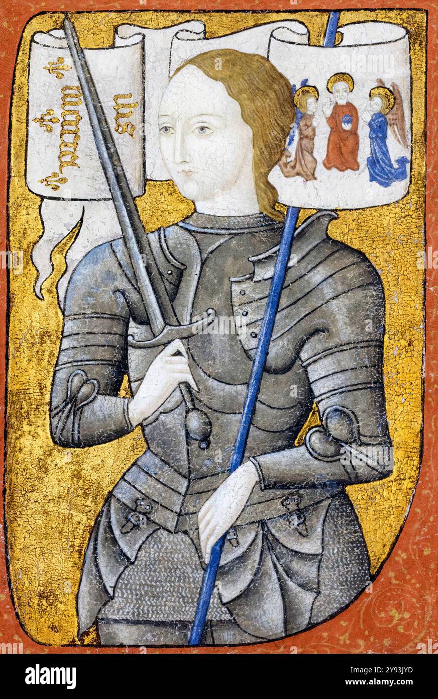 Giovanna d'Arco (c.1412-1431), ritratto all'interno di un iniziale storico, manoscritto miniato della scuola francese del XV secolo, 1400-1499 Foto Stock