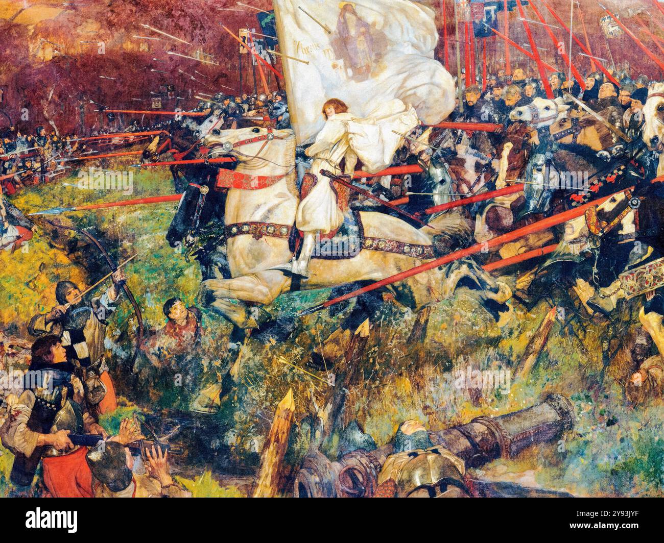 La cameriera di Orleans, Giovanna d'Arco, che conduce il suo esercito in battaglia, dipingendo in olio su tela di Frank Craig, 1907 Foto Stock