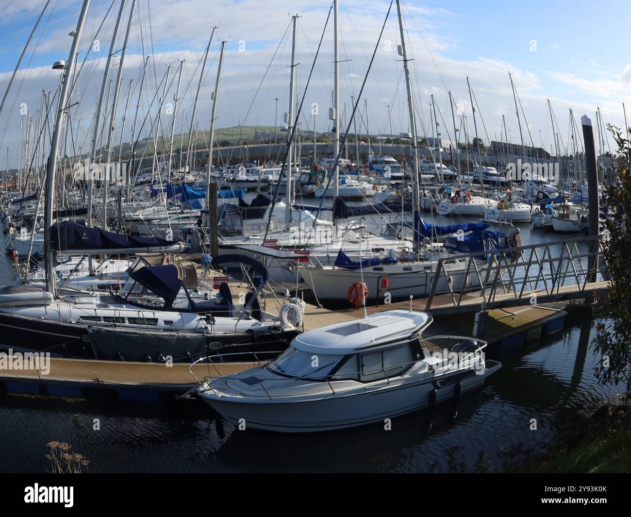 Guarda con una lente fisheye che distorce gli alti alberi degli yacht di lusso ormeggiati nelle acque riparate del porticciolo di Troon Yacht Haven. Foto Stock