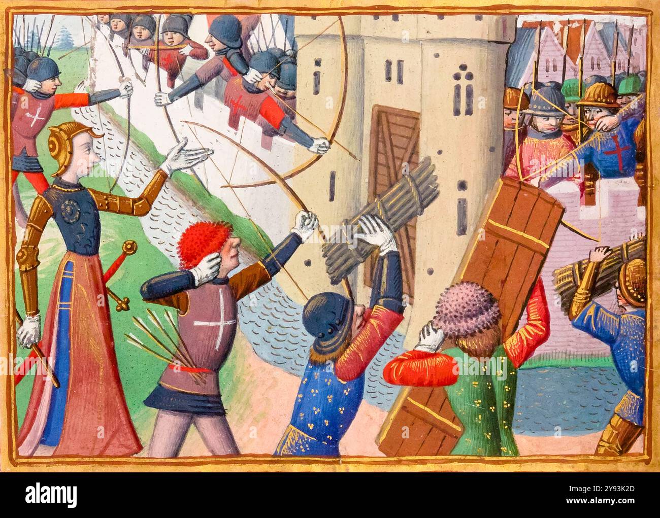 Giovanna d'Arco alla porte Saint-Honoré durante l'assedio di Parigi 1429, illustrazione manoscritta miniata del XV secolo, circa 1484 Foto Stock