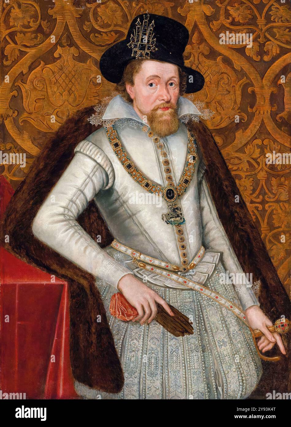 Giacomo i d'Inghilterra (Giacomo vi di Scozia), (1566-1625), ritratto a olio su tavola di John de Critz (attribuito), 1600-1642 Foto Stock