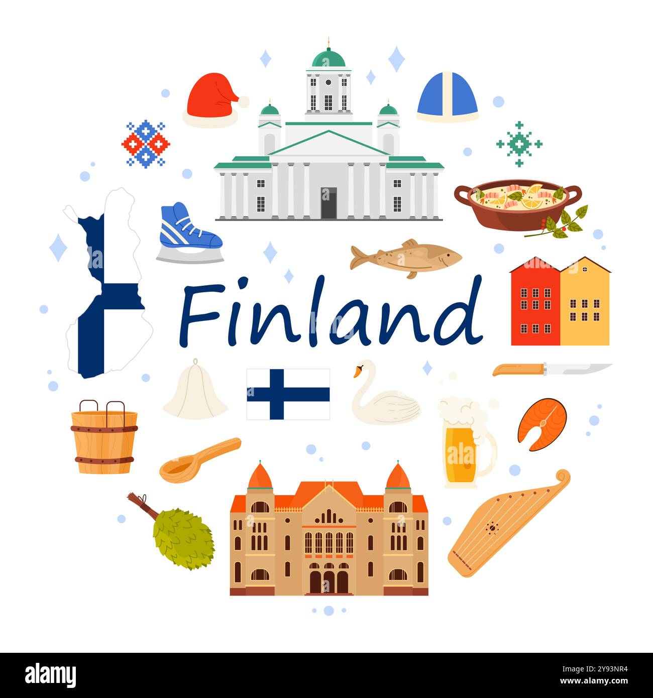 Viaggia verso la Finlandia, gli elementi culturali e la neve della Lapponia, i luoghi di interesse di Helsinki e il cibo in un banner infografico rotondo. Teatro nazionale finlandese e kantele, illustrazione vettoriale di cartoni animati con secchio di legno Illustrazione Vettoriale