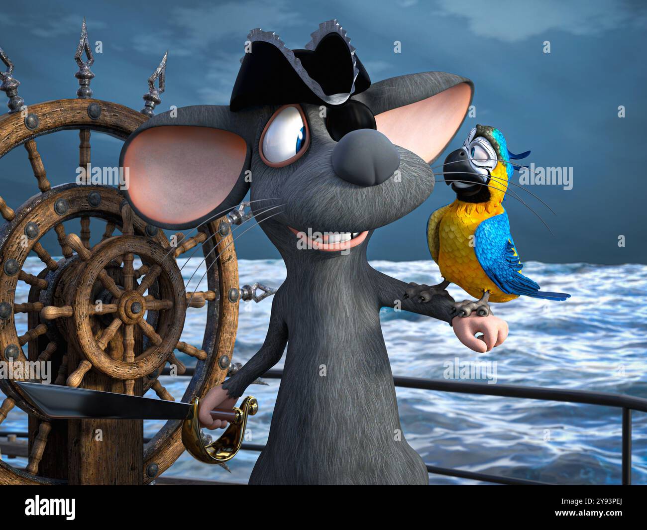 Rendering 3D di un simpatico pirata sorridente di topi che indossa un cerotto e tiene in mano un pappagallo e una spada, in una nave in mare. Foto Stock