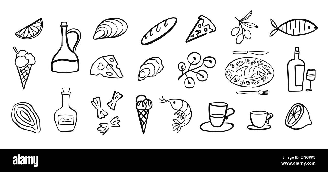 Italian Cuisine Sketch Elements Food Collection Illustrazione Vettoriale