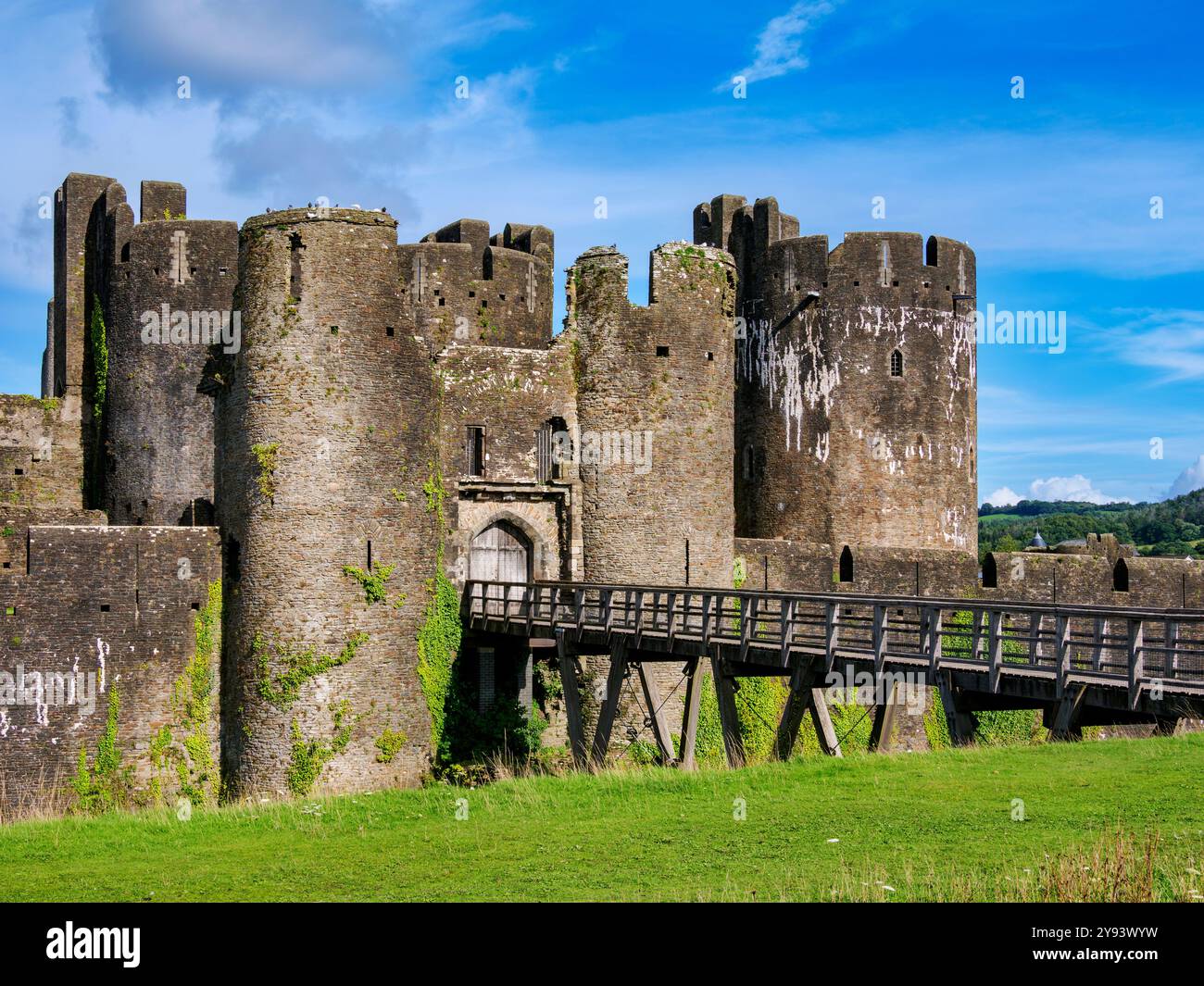 Caerphilly Castle, Caerphilly, Gwent, Galles, Regno Unito, Europa Foto Stock