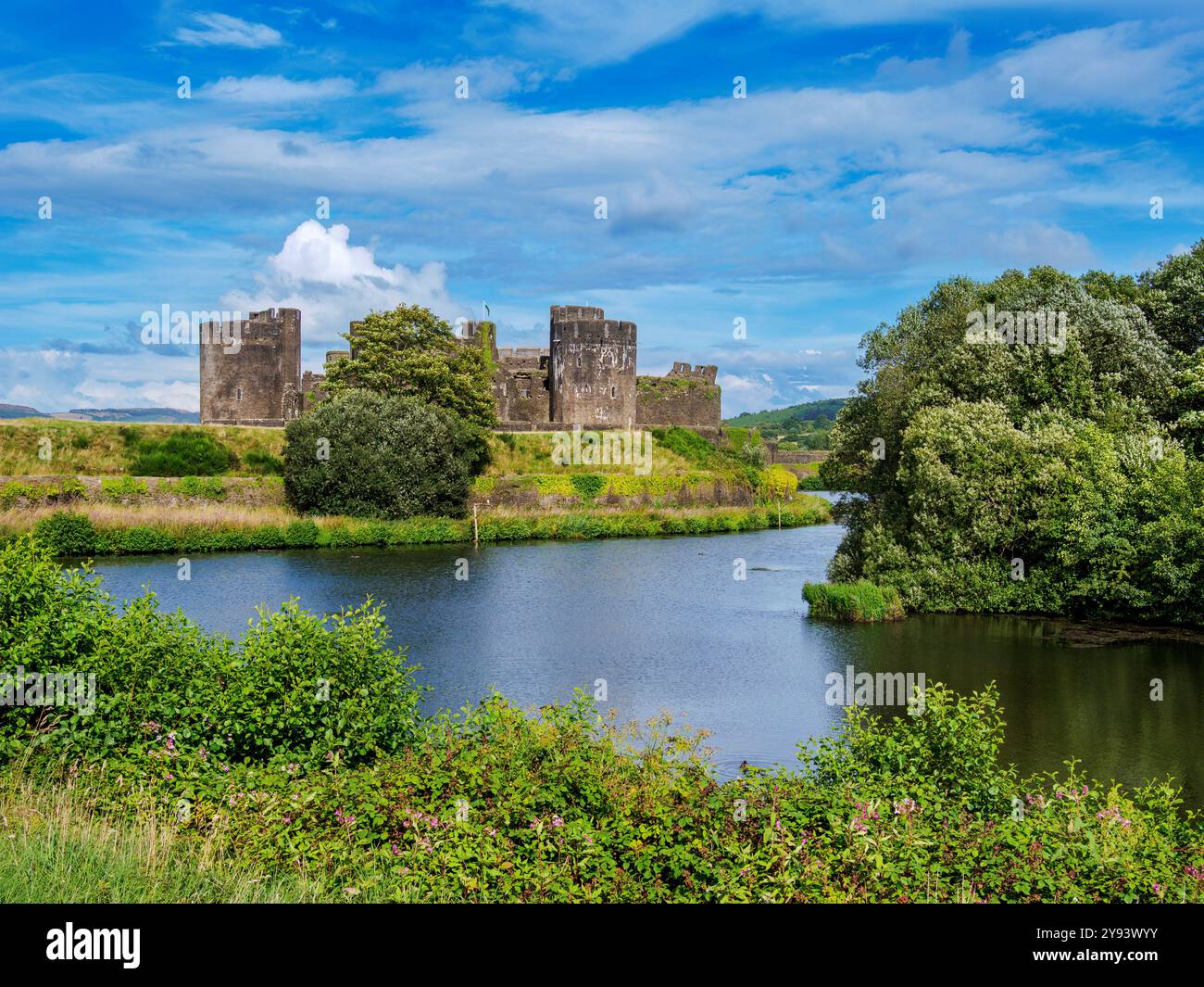 Caerphilly Castle, Caerphilly, Gwent, Galles, Regno Unito, Europa Foto Stock