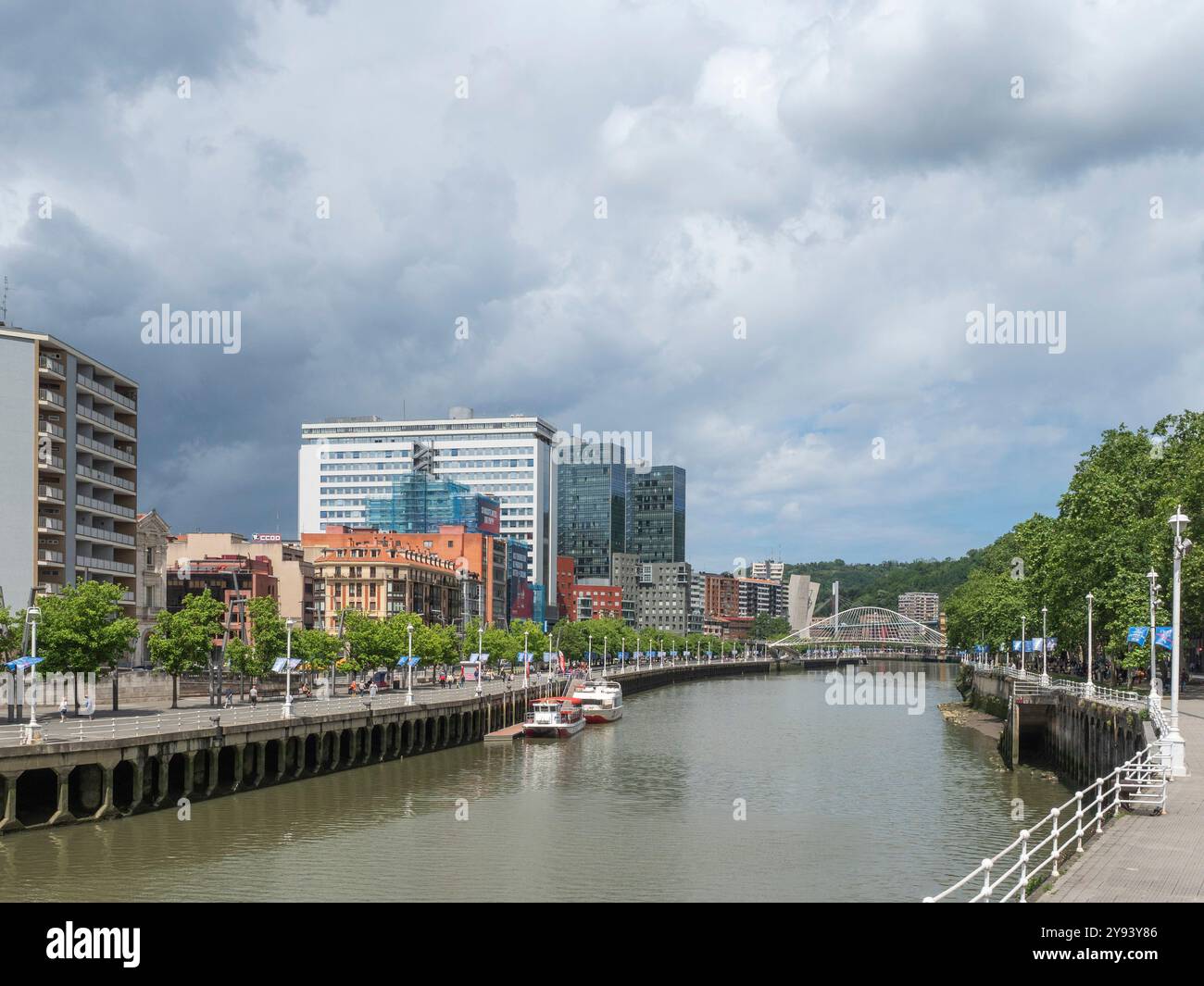 Vista verso il ponte Calatrava (Zubizuri), il fiume Nervion, Bilbao, Paesi Baschi, Spagna, Europa Foto Stock