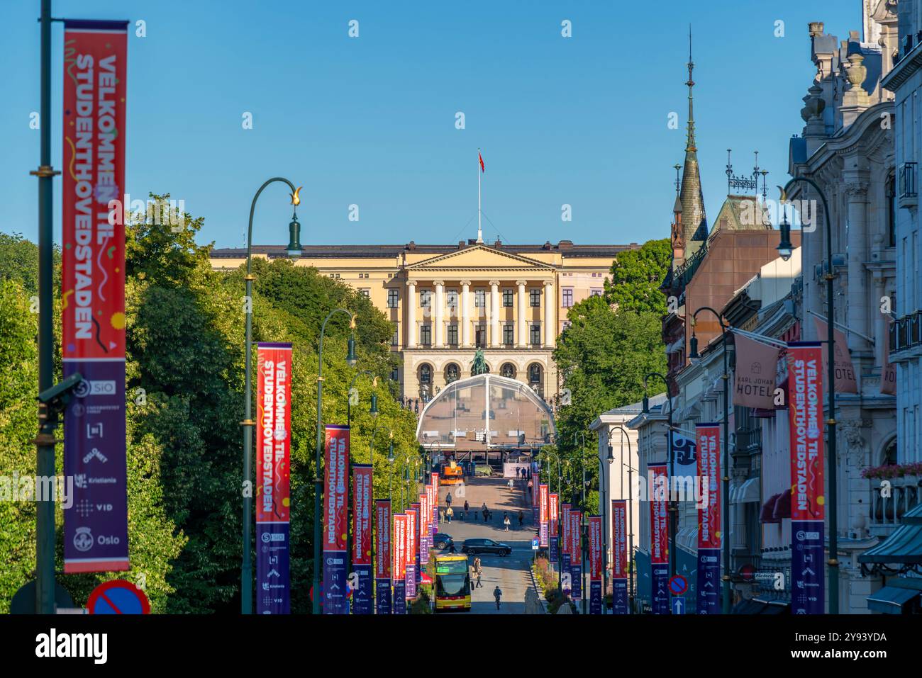 Vista del Palazzo reale dalla porta Karl Johans, Oslo, Norvegia, Scandinavia, Europa Foto Stock