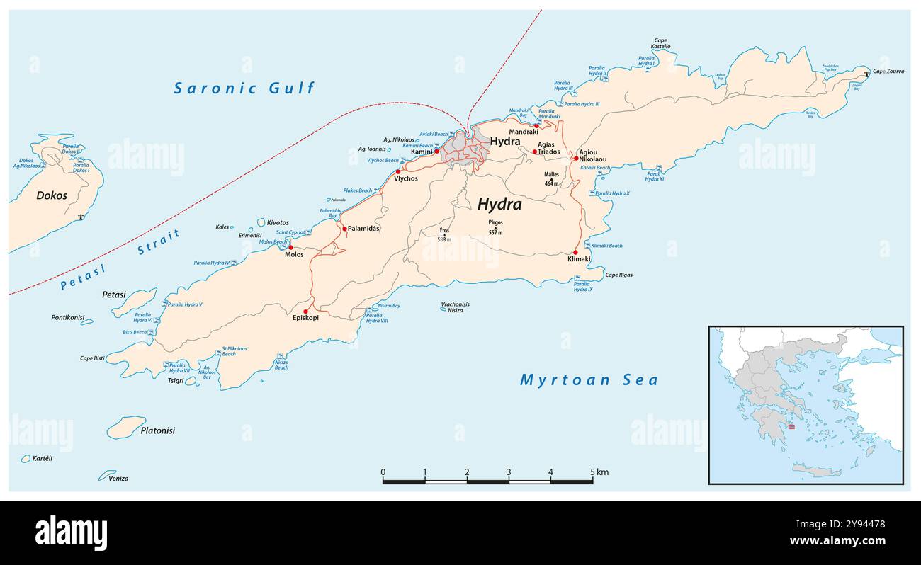 Mappa stradale dell'isola greca di Hydra Foto Stock