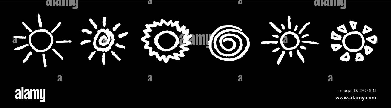 Un set di divertimento come il bambino che disegna il sole bianco. Collezione dipinta con pastelli pastello o icone assolate a cera. Simboli del cielo estivo. Consistenza grezza del gesso Illustrazione Vettoriale
