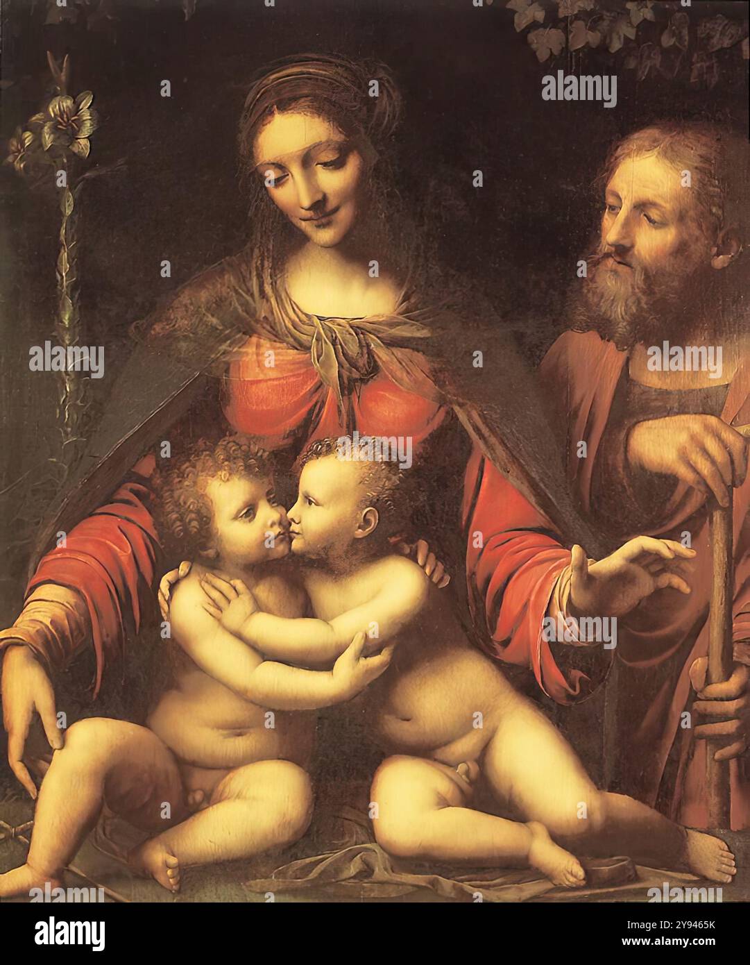 LUINI, Bernardino (nato 1480, Luino, d. 1532, Milano) Sacra famiglia con il pannello di San Giovanni infantile, cm 100 x 84 Museo del Prado, Madrid Leonardo lavorò a Milano per circa vent'anni e influenzò decisamente lo sviluppo della Scuola lombarda di pittura. Oltre a Boltraffio, Bernardino Luini, nativo del Lago maggiore, fu il più significativo e certamente il più prolifico dei suoi seguaci. Luini dipinse affreschi e pale d'altare per le chiese e gli ordini monastici della Lombardia, ripetendo continuamente i tipi e le composizioni create da Leonardo e avvalendosi dei suoi mas Foto Stock