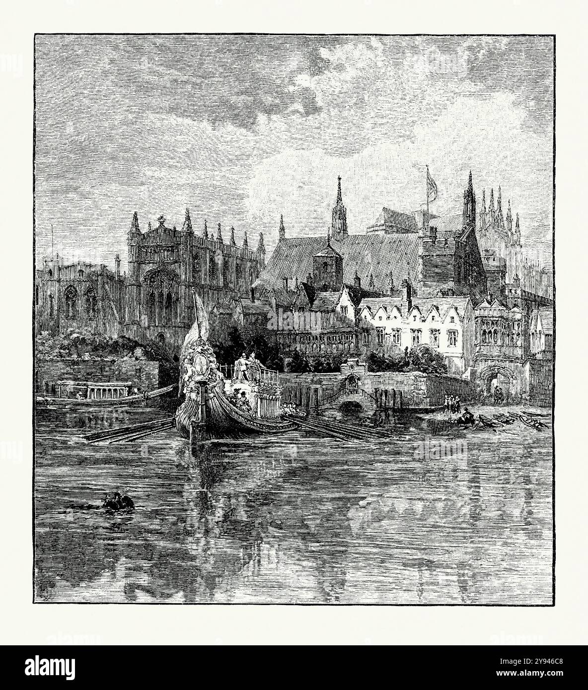 Un'antica incisione del vecchio Palazzo di Westminster, Londra, Inghilterra, Regno Unito all'inizio degli anni '1600 È tratto da un libro di storia vittoriana del 1900 circa. Qui una chiatta reale sta partendo dal palazzo per essere portata su per il fiume Tamigi. Il Palazzo di Westminster iniziò all'inizio dell'VIII secolo, quando una chiesa anglosassone divenne la cattedrale di West Minster. Fu adottata come chiesa reale, poi come palazzo reale nell'XI secolo. Re Enrico VII la usò come sua residenza principale. È stato utilizzato dal Parlamento e dai tribunali reali. Il Palazzo bruciò nel 1834 e fu sostituito dall'edificio di oggi. Foto Stock