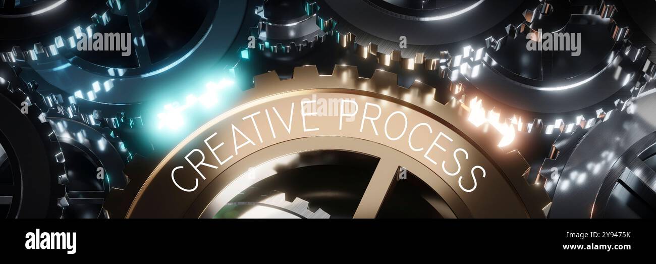 Processo creativo - concetto ingranaggi - illustrazione 3D. Foto Stock