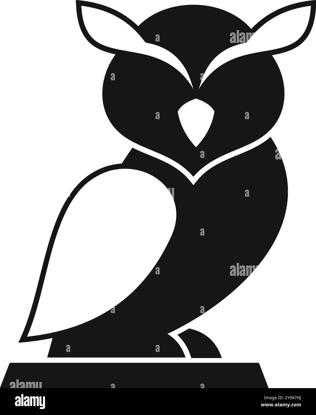 Logo bianco e nero di un gufo in piedi su un piedistallo, guardando dritto davanti Illustrazione Vettoriale