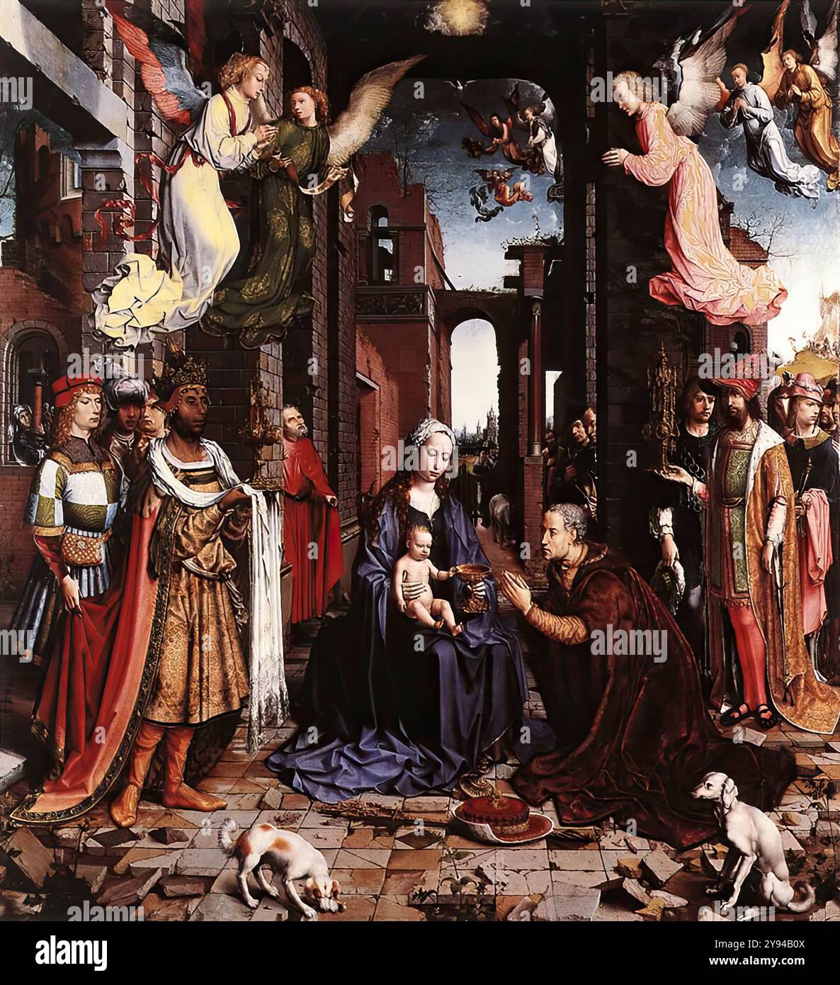 GOSSAERT, Jan (Mabuse) (nato ca. 1478, Mauberge, d. 1532, Middelburg) The Adoration of the Kings 1500-15 Oil on wood, 177 x 161 cm National Gallery, Londra questa Adorazione è una delle più sontuose mai dipinte. Si pensa che sia stata la pala d'altare della Cappella della Signora di Sant'Adriano, Grammont, donata da Joannes de Broeder, che divenne abate nel 1506; è probabile che il quadro sia stato iniziato poco dopo e potrebbe essere stato completato prima che Mabuse partisse per l'Italia. Ogni centimetro dell'enorme pannello è stato elaborato con dettagli incredibilmente nitidi, senza compromettere la chiarezza e la messa a fuoco di TH Foto Stock