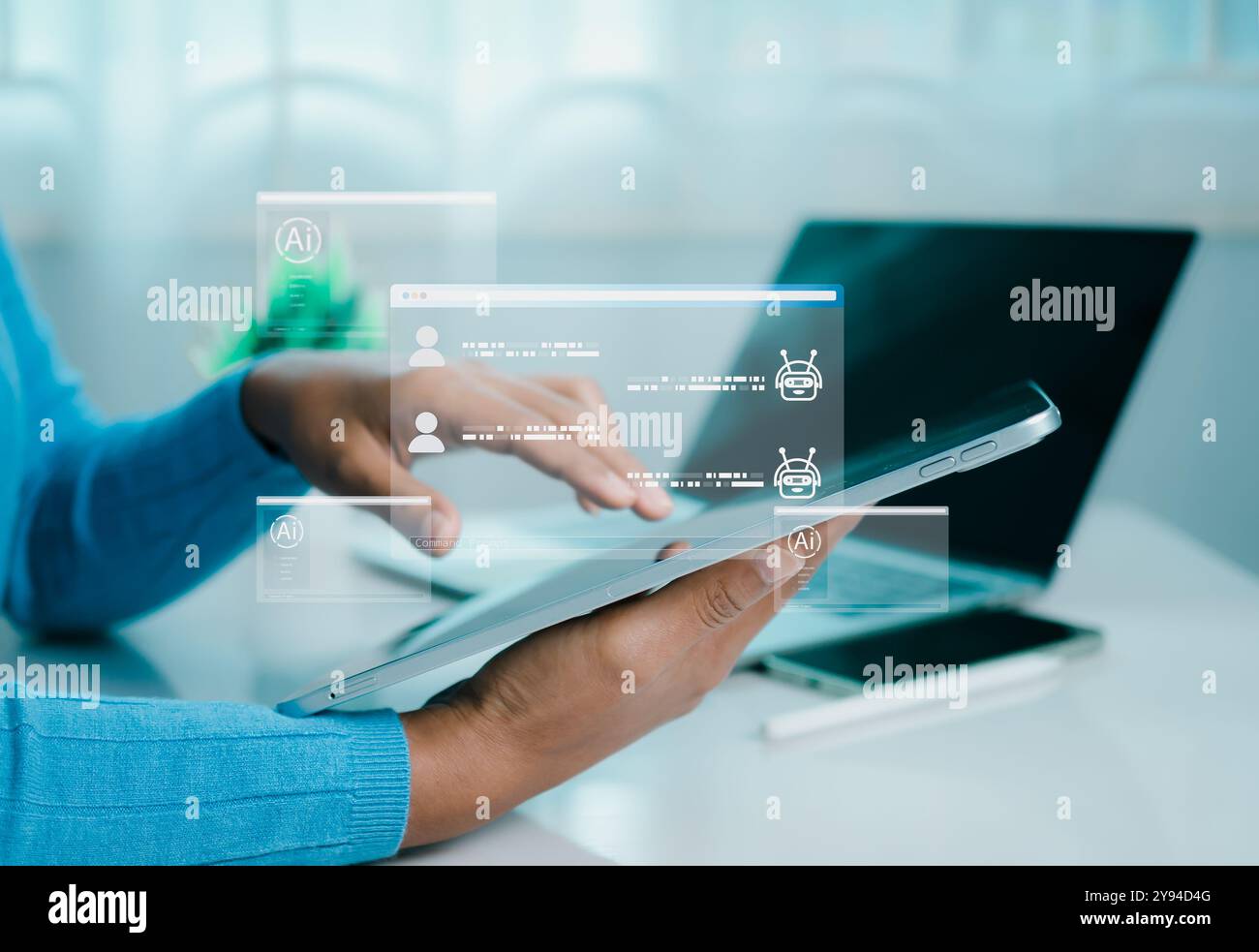 Mano umana che utilizza un tablet che tocca uno schermo virtuale che visualizza domande e risposte con intelligenza artificiale, apprendimento automatico, tecnologia ai, intelligenza artificiale b Foto Stock