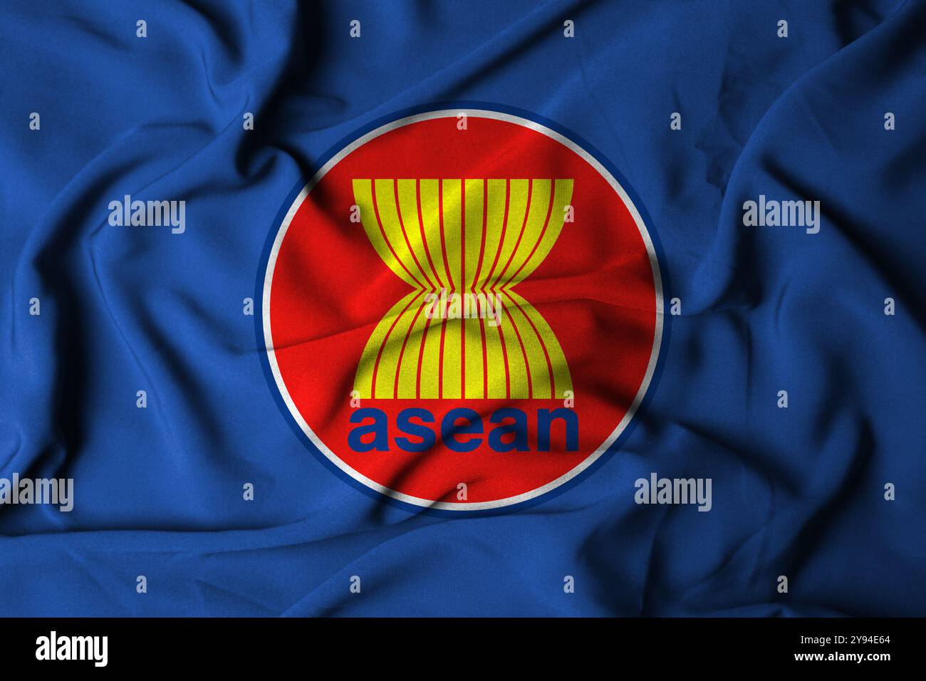 Pringsewu, Lampung 10 ottobre 2024 Selective Focus sventolando la bandiera della texture del tessuto ASEAN. flag originale, illustrazione 3d. Foto Stock