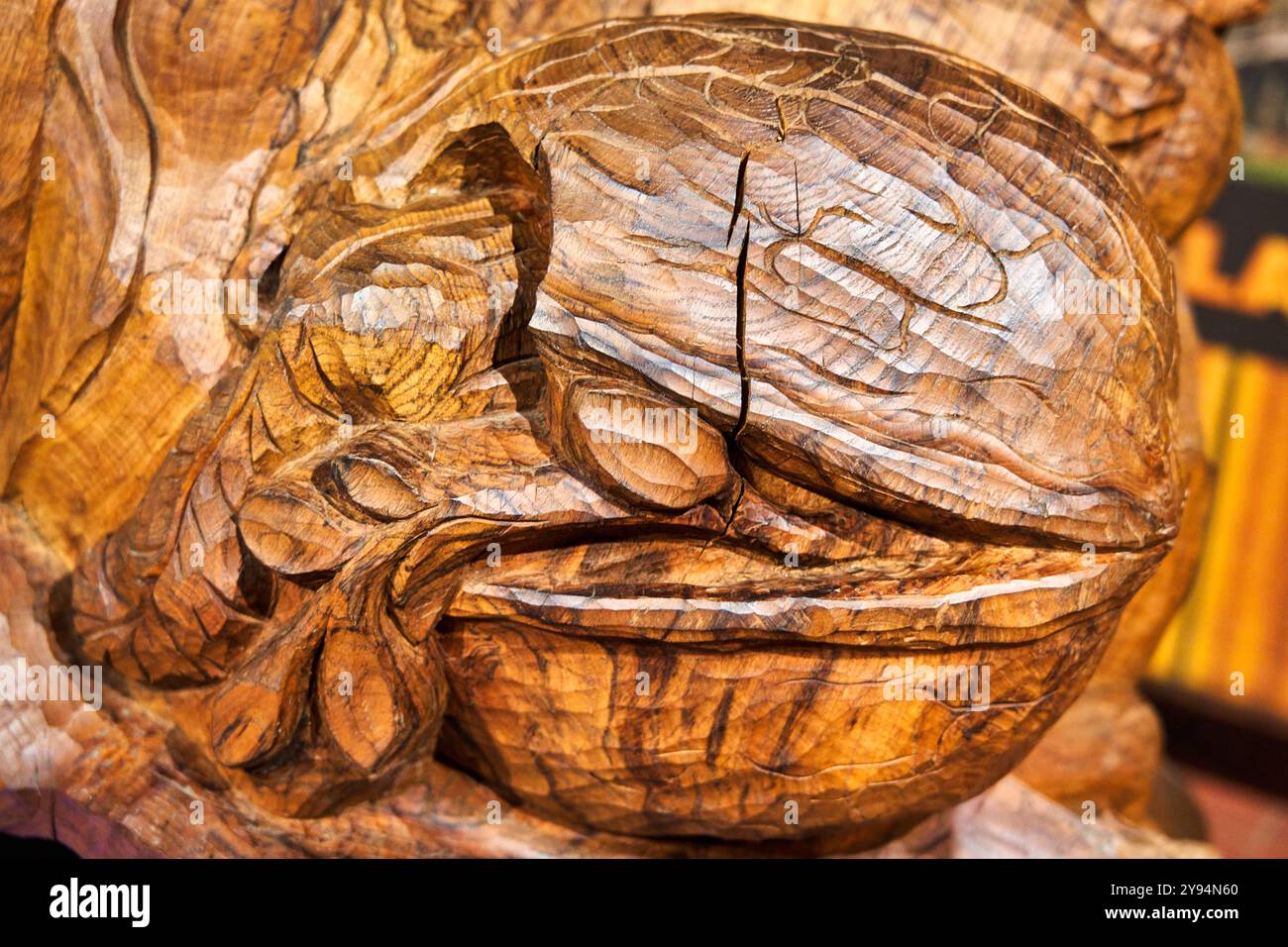 Scultura in legno, Museo del legno, Museo de la Madera y de la Madreña, Parque Natural de Redes, Veneros, caso, Asturie, Spagna Foto Stock