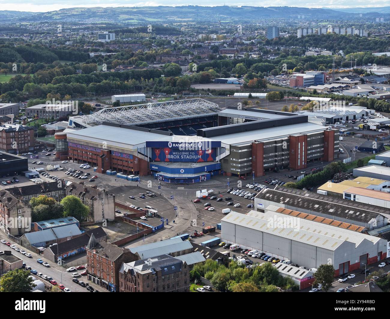 Vista aerea dello stadio Ibrox di Glasgow con drone Foto Stock